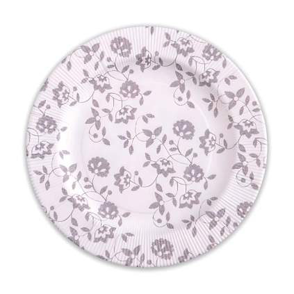 Piatti Taupe grandi  in cartoncino compostabile, bordo pieghettato e stampa Natura 27cm, 8pz.