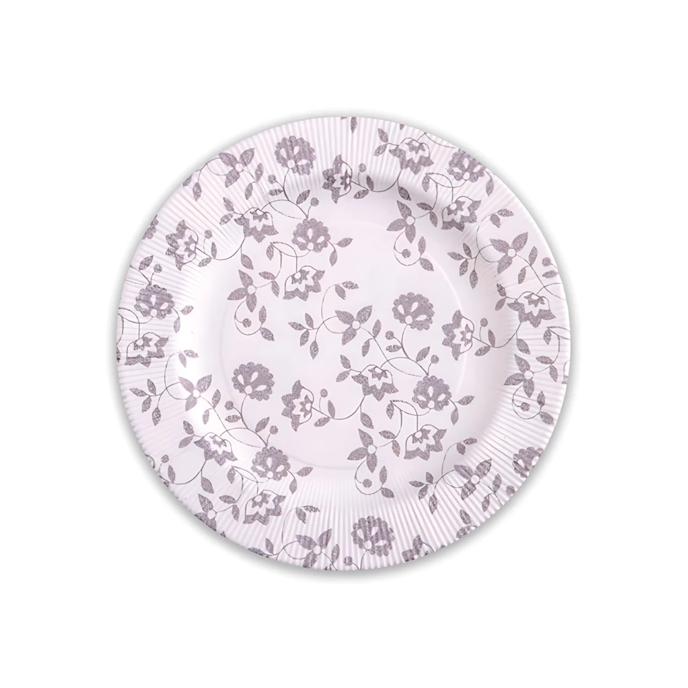 Piatti Taupe piccoli in cartoncino compostabile, bordo pieghettato e stampa Natura 21cm, 8pz.