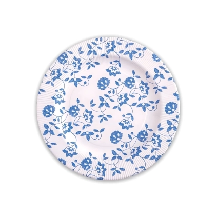 Piatti Blu piccoli in cartoncino compostabile, bordo pieghettato e stampa Natura 21cm, 8pz.