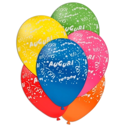Palloncini 12" (30cm) assortiti con stampa bianca Auguri globo, 100pz.