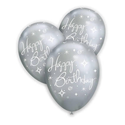 Palloncini 12" (30cm) argento titanio 102 con stampa bianca Happy Birthday globo, 100pz.