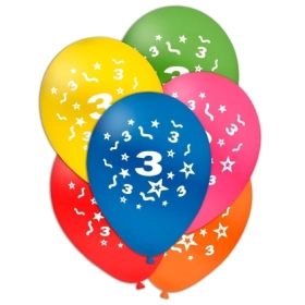 Palloncini 12" (30cm) assortiti con stampa bianca Numero 3 su due lati, 100pz.