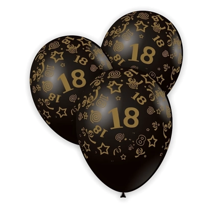 Palloncini 12" (30cm) nero con stampa oro globo numero 18, 100pz.