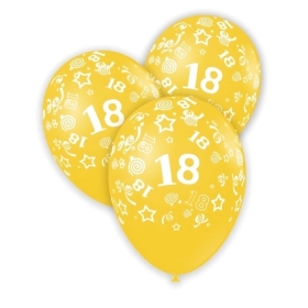 Palloncini 12" (30cm) giallo 11 con stampa bianca globo numero 18, 100pz.