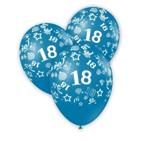 Palloncini 12" (30cm) blu 52 con stampa bianca globo numero 18, 100pz.