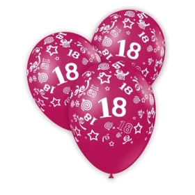 Palloncini 12" (30cm) fucsia 07 con stampa bianca globo numero 18, 100pz.