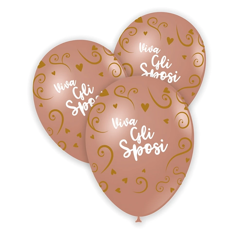 Palloncini 13" (33cm) rosa gold con stampa bianco e oro globo Viva gli Sposi, 100pz.