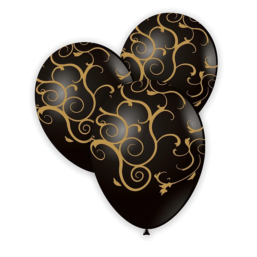 Palloncini 12" (30cm) nero 15 con stampa oro globo Filigrana, 100pz.