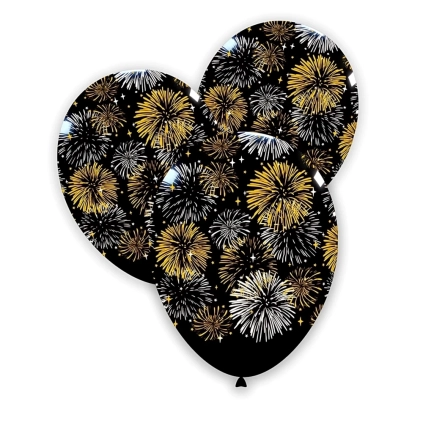 Palloncini 12" (30cm) nero con stampa oro e argento globo Fuochi Artificio, 100pz.