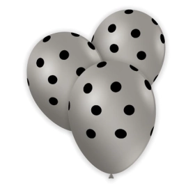 Palloncini 13" (33cm) argento 68 con stampa nera globo Pois, 100pz.