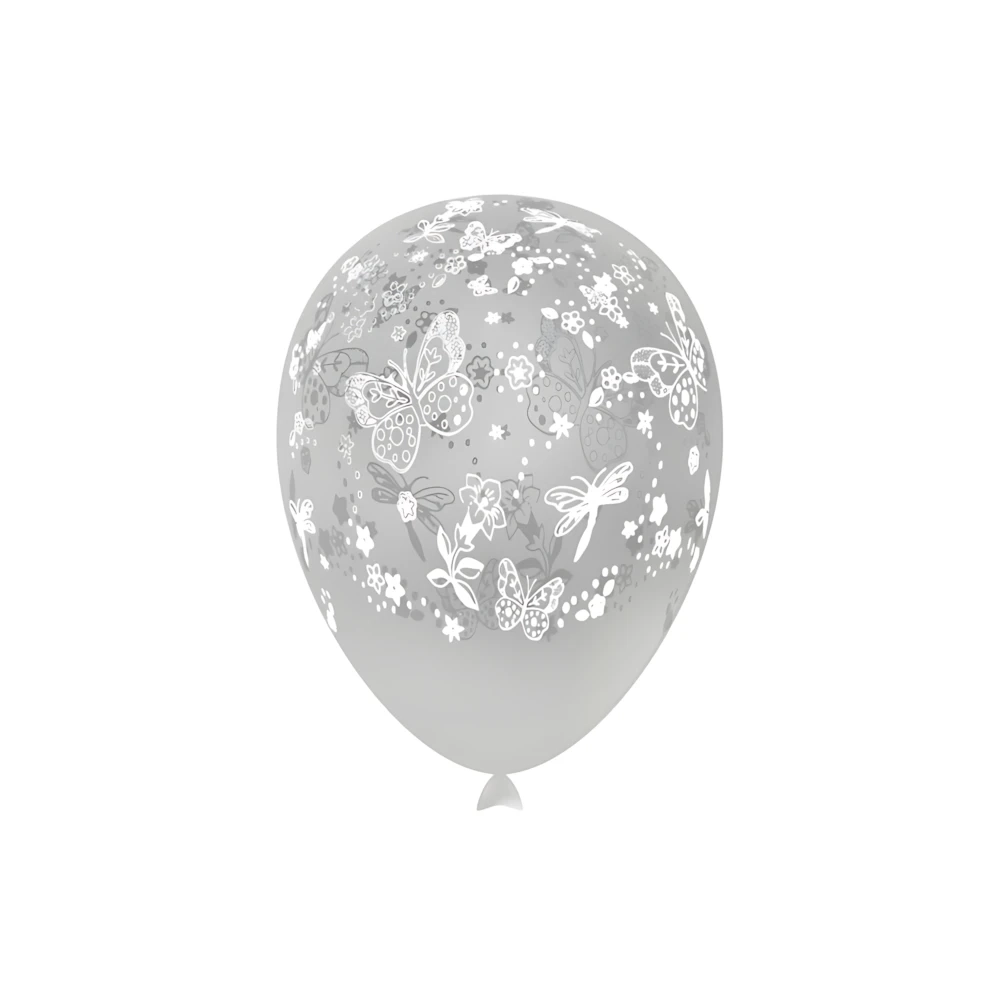 Palloncini 12" (30cm) trasparente 57 con stampa Bianca Globo Farfalle, 100pz.