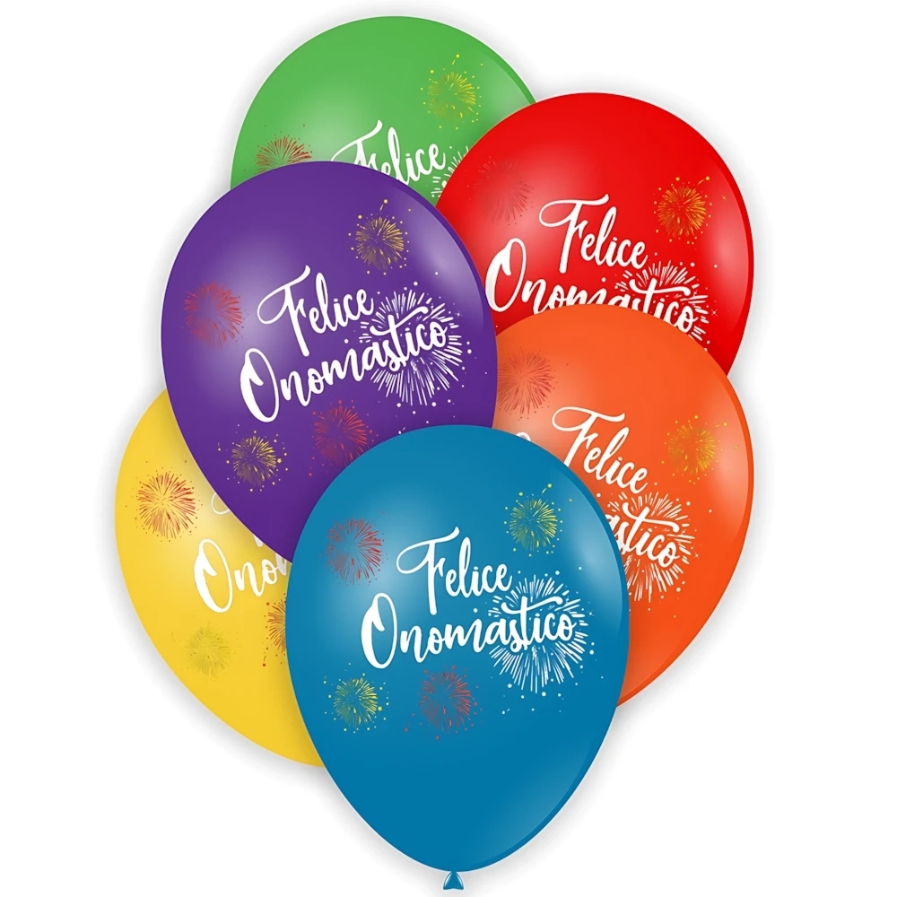 Palloncini 12" (30cm) assortiti con stampa multicolor Felice Onomastico su 2 lati, 50pz.