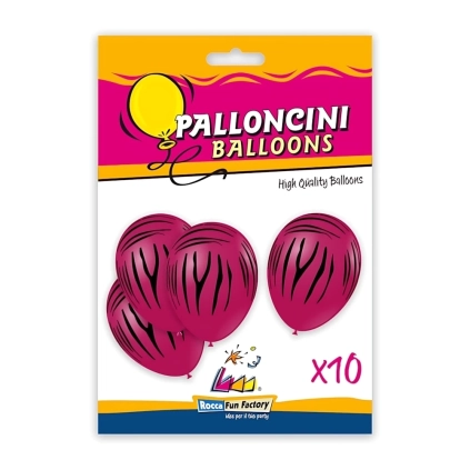 Palloncini 12" (30cm) fucsia 07 con stampa nera globo Zebra, 10pz.