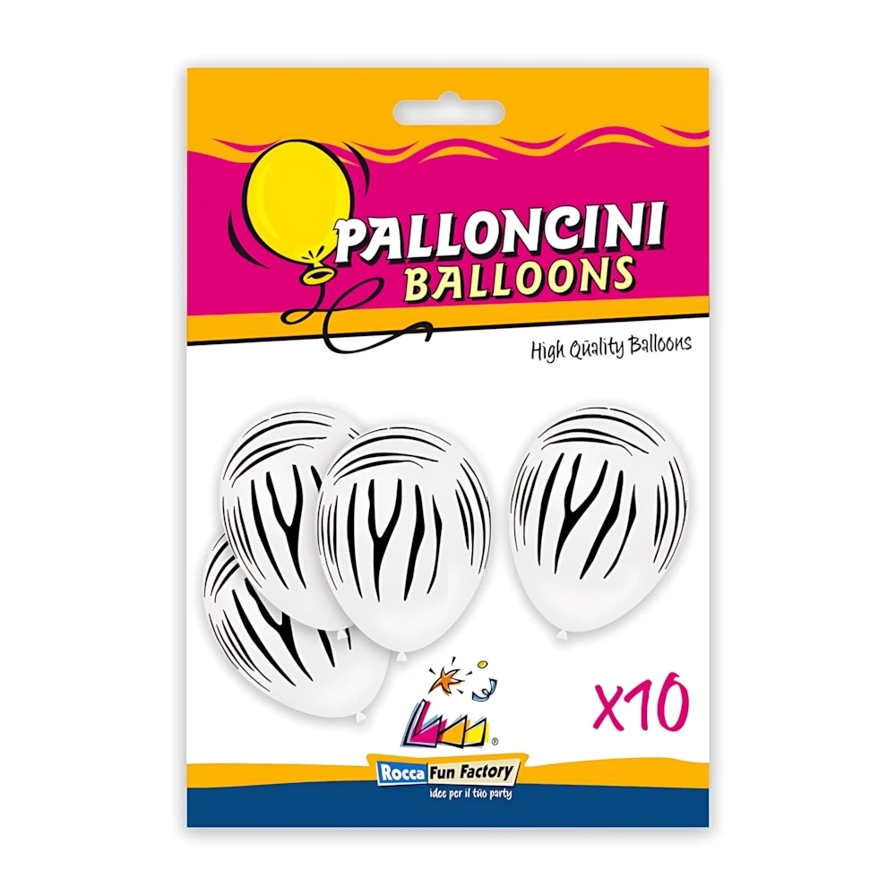 Palloncini 12" (30cm) bianco 10 con stampa nera globo Zebra, 10pz.