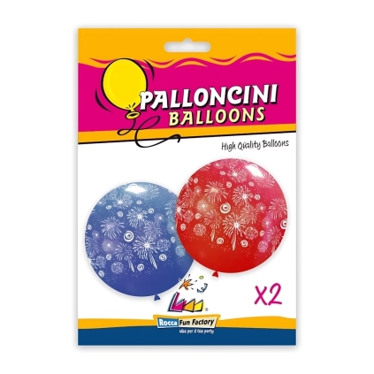 Palloncini 33" (86cm) assortiti con stampa bianca globo Fuochi Artificio, 2pz.