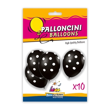 Palloncini 12" (30cm) nero 15 con stampa bianca globo Pois, 10pz.