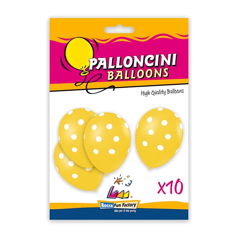 Palloncini 12" (30cm) giallo 11 con stampa bianca globo Pois, 10pz.