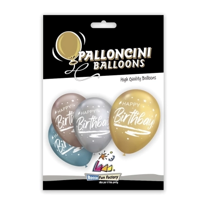 Palloncini 13" (33cm) assortiti con stampa bianca Happy Birthday su due lati, 5pz.