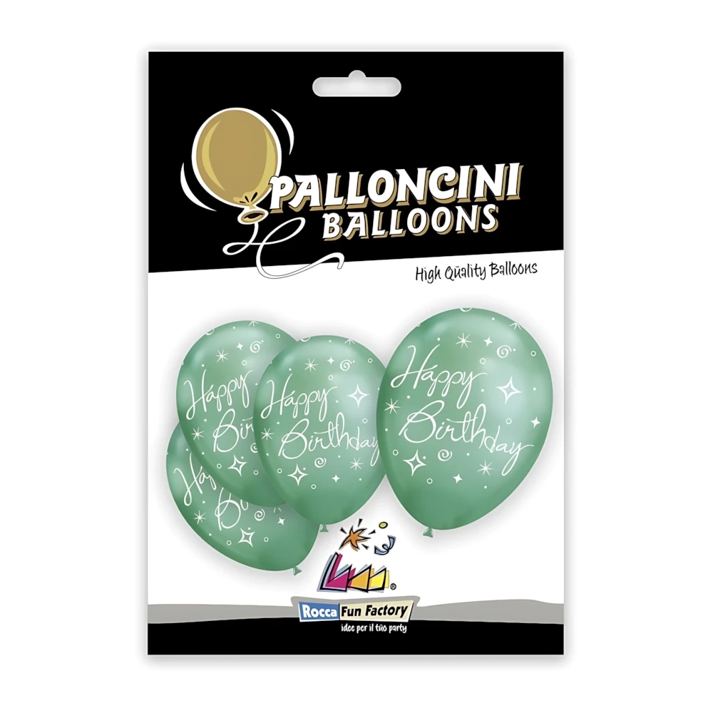 Palloncini 12" (30cm) verde con stampa bianca globo Happy Birthday, 5pz.