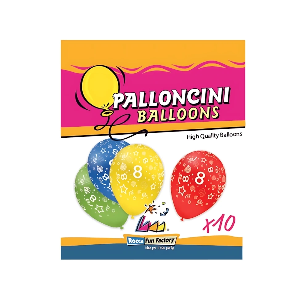 Palloncini 12" (30cm) assortiti con stampa bianca globo Numero 8, 10pz.