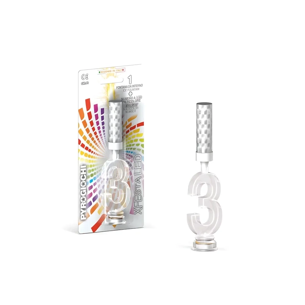 Candela fontana pirotecnica numero 3 con led multicolore, categoria F1, 1pz.