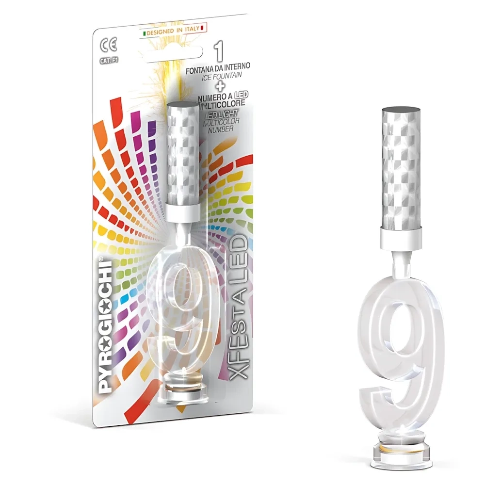 Candela fontana pirotecnica numero 9 con led multicolore, categoria F1, 1pz.