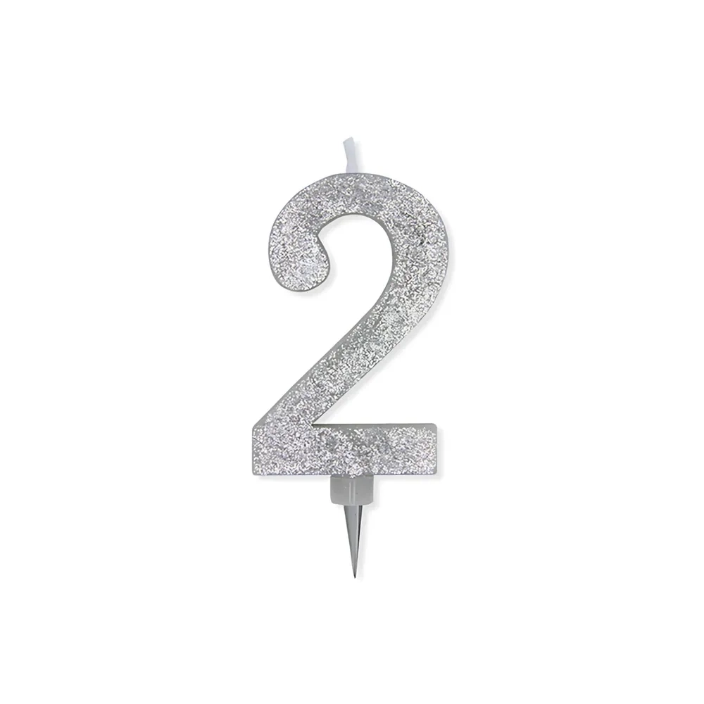 Candelina numero 2 Argento Glitter Max Cera Sweety 15cm, 1pz.