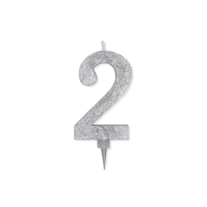 Candelina numero 2 Argento Glitter Max Cera Sweety 15cm, 1pz.