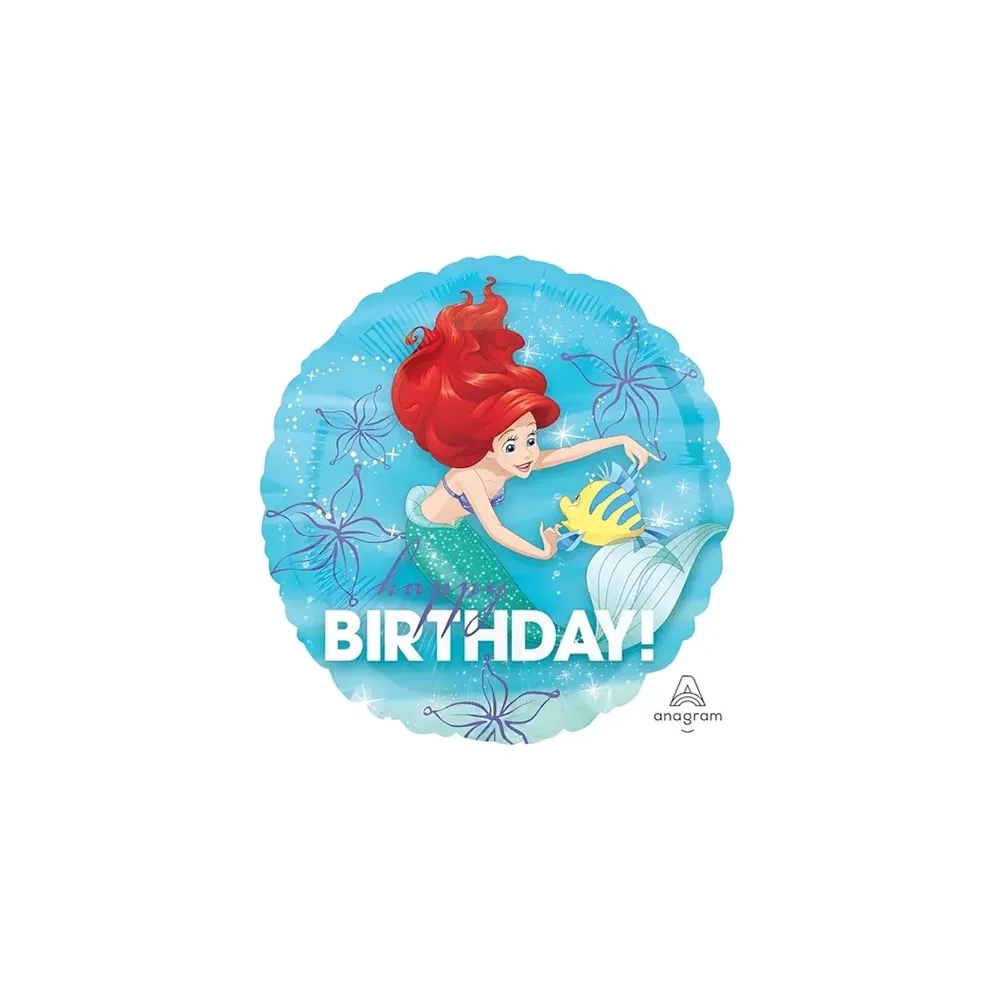 Palloncino La Sirenetta Ariel Happy Birthday standard shape 18" (45cm) in mylar, 1pz.