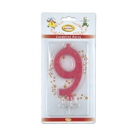Candelina numero 9 rosa glitter grande, 1pz.