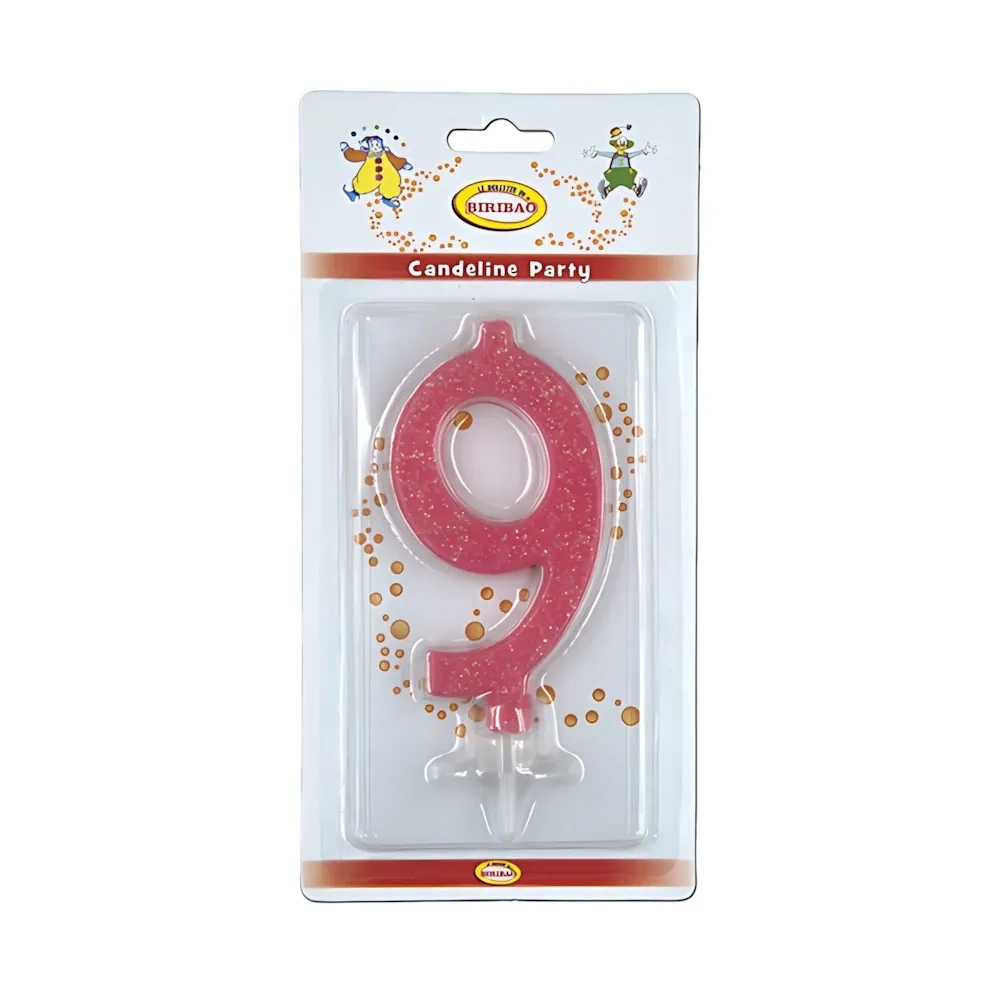 Candelina numero 9 rosa glitter grande, 1pz.