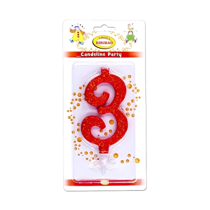 Candelina numero 3 rossa glitter grande, 1pz.