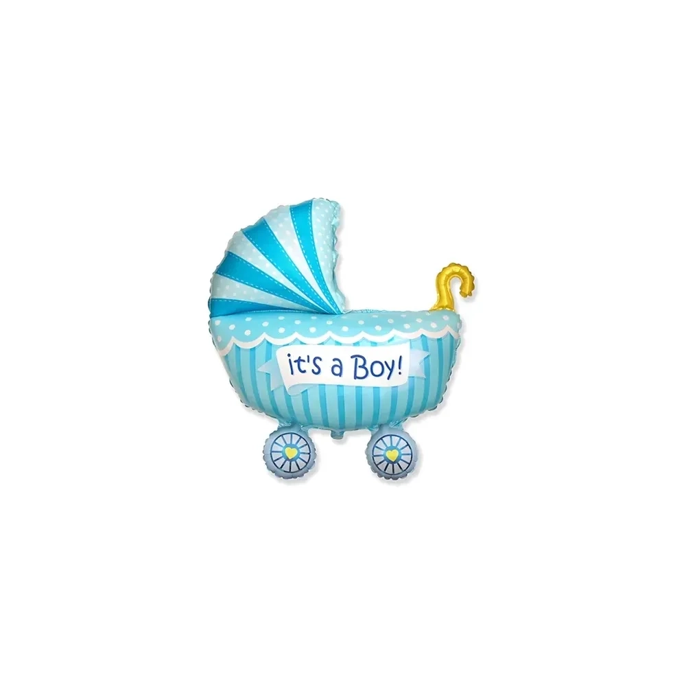 Palloncini Carrozzina Celeste con testo It's a Boy mini shape 13" (33cm) in mylar, 5pz.