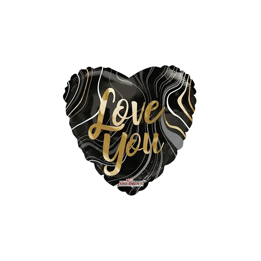 Palloncino cuore nero Marmorizzato con testo Love You standard shape 18" (45cm) in mylar, 1pz.