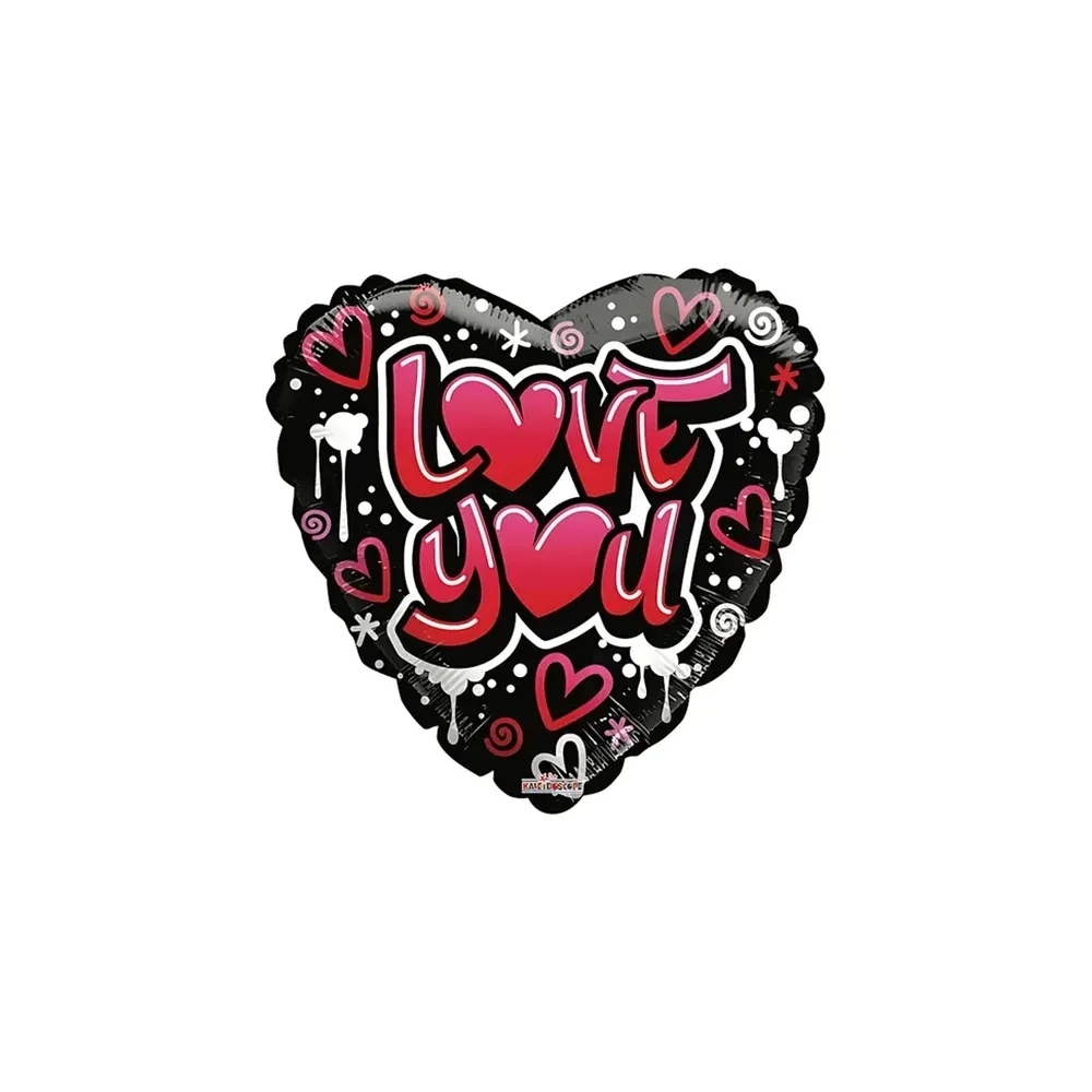 Palloncino cuore nero con Graffiti e testo Love You standard shape 18" (45cm) in mylar, 1pz.