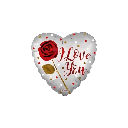 Palloncino a cuore argento con Rosa, Pois e testo I Love You standard shape 18" (45cm) in mylar, 1pz.