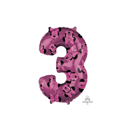 Palloncino numero 3 Rosa con Minnie Forever super shape 26" (66cm) in mylar, 1pz.