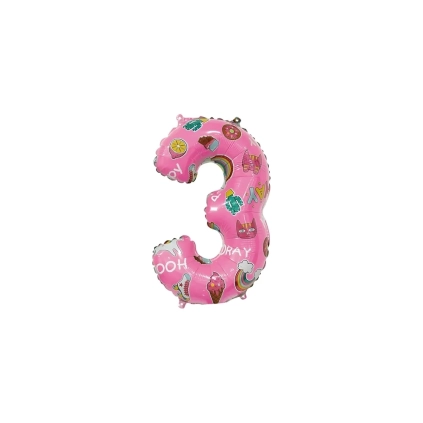 Palloncini numero 3 Rosa Hooray Party mini shape 14" (35cm) in mylar, 5pz.