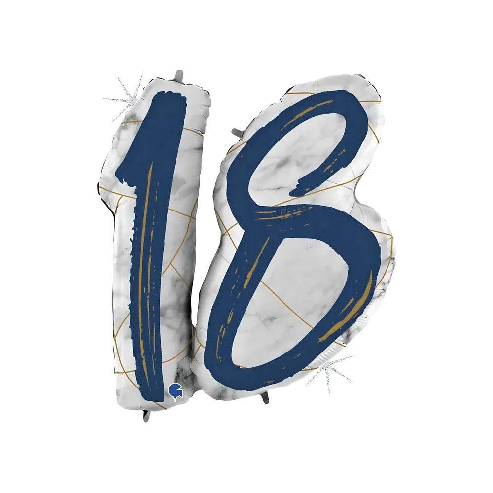 Palloncino numero 18 Marmorizzato Blu super shape 38" (96cm) in mylar, 1pz.