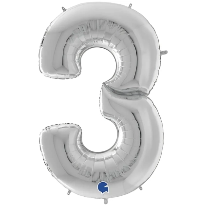 Palloncino numero 3 Argento mega shape 64" (162cm) in mylar, 1pz.
