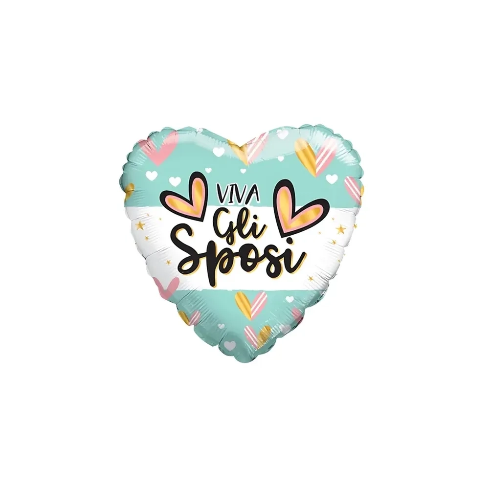 Palloncino a cuore Viva Gli Sposi verde tiffany con cuori standard shape 18" (45cm) in mylar, 1pz.