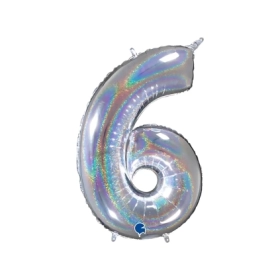 Palloncino numero 6 holo glitter argento super shape 40" (101cm) in mylar, 1pz.