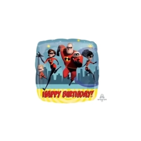 Palloncino Gli Incredibili Happy Birthday quadrato standard shape 18" (45cm) in mylar, 1pz.