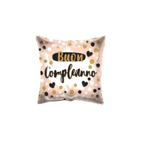 Palloncino quadrato Buon Compleanno rosa con Pois e Cuori standard shape 18" (45cm) in mylar, 1pz.