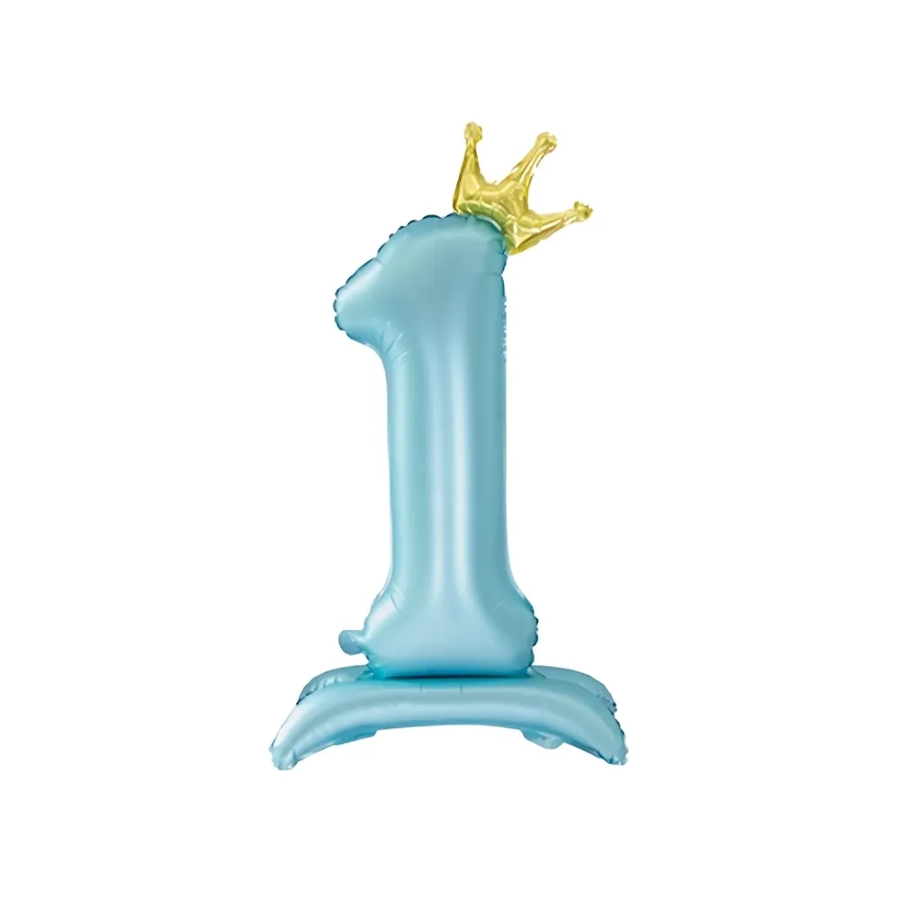 Palloncino numero 1 Celeste Standing con corona dorata super shape 40" (101cm) in mylar, 1pz.
