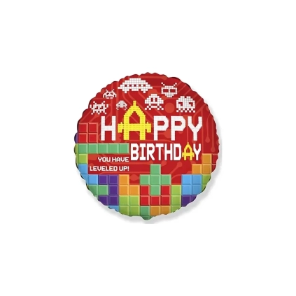 Palloncino Happy Birthday Tetris tondo standard shape 18" (45cm) in mylar, 1pz.