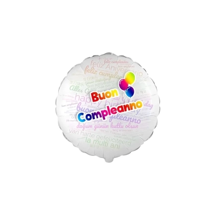 Palloncino Buon Compleanno Multilingue tondo standard shape 18" (45cm) in mylar, 1pz.