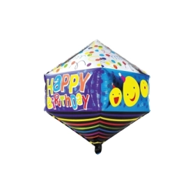 Palloncino Cubo Diamante con testo Happy Birthday e Smile super shape 29" (73cm) in mylar, 1pz.