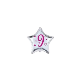 Palloncini stelline con numero 9 fucsia micro shape 4" (10cm) in mylar, 5pz.