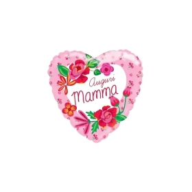 Palloncino a cuore Auguri Mamma standard shape 18" (45cm) in mylar, 1pz.